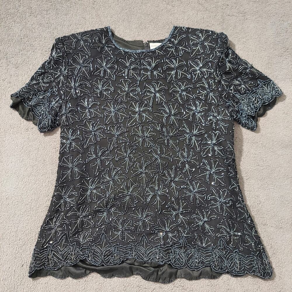 Papell Boutique Evening Large Silk Top Beaded Black Elegant Eras Short Sleeve